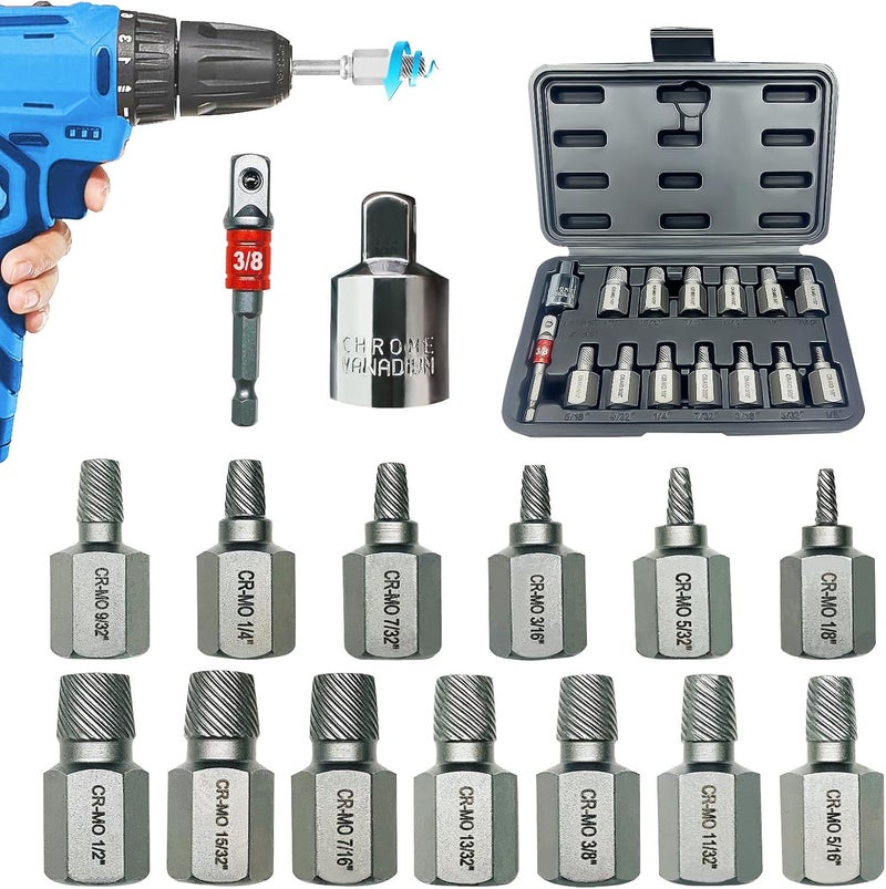 NORTOOLS 15PCS CR-MO Screw Extractor Set – 3/8" Hex Drive Multi-Spline Easy-Out Kit for Broken, Stripped, Rounded Screws/Bolts, Broken Bolt Remover，Includes Adapter & Blow-Molded Case (1/8"-1/2") - Image 1